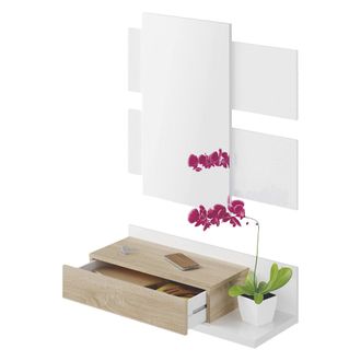Dmora Dmora - Armario De Entrada Dcori, Hall De Entrada Suspendido Con Espejo, Mueble Con Caj&oacute;n Para Entrada, 75x29h90 Cm, Blanco Brillo Y Nogal