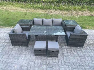Fimous Garden Furniture Set Patio Rattan Rectangular Dining Table Lounge Sofa Chair 2 Table 2 Stools in Dark Grey