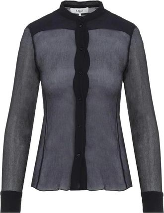 Chlo&eacute; Sheer Button-Front Blouse - Dames - Overhemden - Blauw - M - Overhemden