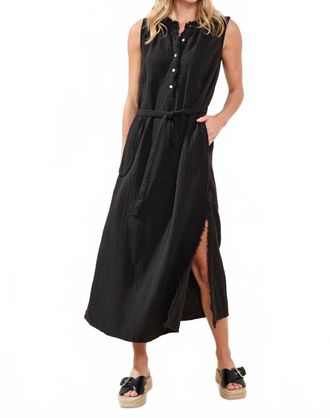 Tribal Crinkle Gauze Button-Front Belted Midi Dress In Black