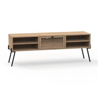 Calicosy TV Stand With 1 Door, 4 Shelves & Metal Legs, 140 Cm Wide - Evan in Light Brown