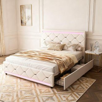 OEM Cama 140x190 Billia De Terciopelo Beige Con 4 Cajones, Led Rgb, Usb, Cabecera, Somier Incluido
