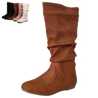 Generic Womens Knee High Boots Side Zipper Round Toe Faux Suede Boot - Knee High Loose Fit Casual Boots, Slouch Booties for Women Comfortable Plus Size Tall S