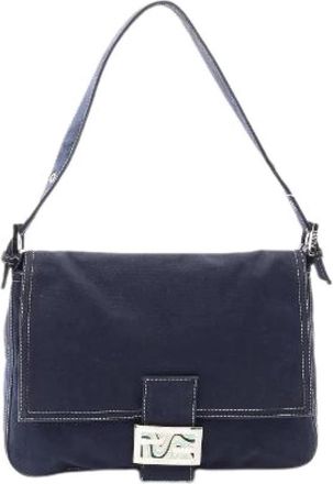 Fendi Pre-owned Mamma Baguette Canvas Leather Shoulder Bag - Dames - Vintage Schoudertas - Blauw - ONE Size - Leer - Vintage