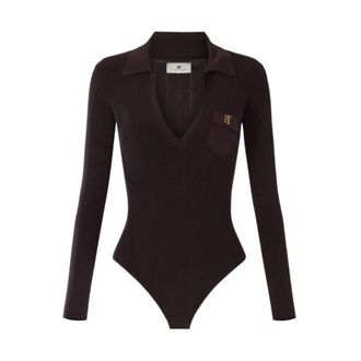 Elisabetta Franchi Body in Maglia con Colletto Polo e Logo Raffinato - - Tops - Donna - Marrone - XS