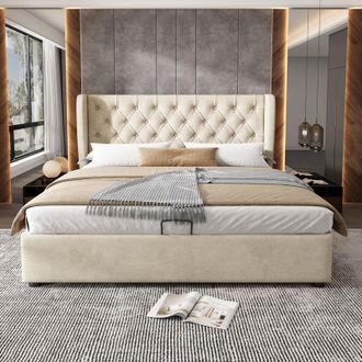 C&A Beige Velvet Upholstered Bed with Hydraulic Storage,135x190cm,Mattress Not Included