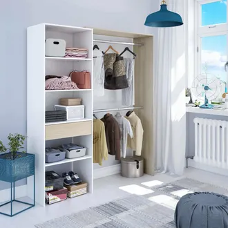 Dmora Guardarropa Djajal, Estructura Para Vestidor, Armario Abierto Sin Puertas, Vestidor, 158x40h187 Cm, Blanco Y Roble - Dmora
