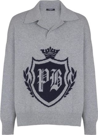 Balmain College Emblem polotrui in eco-kasjmier - Heren - Cashmere truien - Grijs - L - Kasjmier - Truien & Vesten