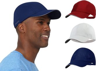 TrailHeads Performance Mens Running Hat - Lightweight, Quick Dry Workout Hats for Men - Athletic Sports Cap for Tennis, Gym - White/red/Navy 3-Pack