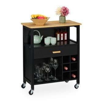 Relaxdays Carrito Auxiliar De Cocina, Botellero, Para 6 Botellas, Caj&oacute;n, 2 Espacios, 80x65x35 Cm, Bamb&uacute;, Negro/natural - Relaxdays