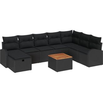 vidaXL Conjunto De Sof&aacute; De Jard&iacute;n Con Coj&iacute;n 9 Pcs Negro Polirat&aacute;n
