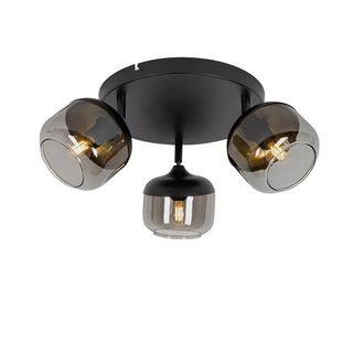 QAZQA Qazqa Dise&ntilde;o Foco De Dise&ntilde;o Negro Con Dorado Y Cristal Ahumado 3-luces Redondo - Kyan Vidrio /acero Redonda Adecuado Para Led Max. 3 X 40 Watt