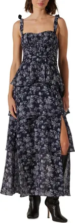 Astr Mellorie Floral Tiered Maxi Dress In Navy Grey Floralcolor