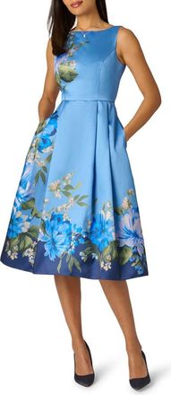 Adrianna Papell Sleeveless Mikado Fit & Flare Midi Dress in Blue Multi at Nordstrom, Size 16