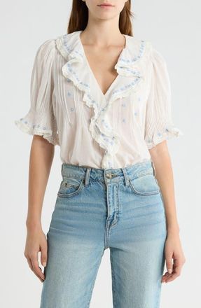 D&ocirc;en Hettie Embroidered Ruffle Organic Cotton Top in Salt/Blue at Nordstrom, Size X-Large