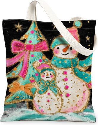 Generic Christmas Snow Man Canvas Tote Bags, Festive Holiday Design Reusable Grocery Bags, Winter Lightweight Washable Shoulder Str, Multicolor, 13x15 Inch