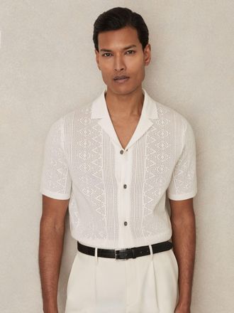 Reiss White Textured-knit Short-sleeve Shirt, XL