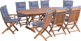 Beliani Conjunto De Comedor De Jard&iacute;n De Madera De Acacia Clara Con Cojines Azules Mesa Extensible Para 8 Personas Sillas De Dise&ntilde;o R&uacute;stico Maui