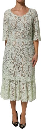 Dolce & Gabbana Mint Green Floral Lace Trim Midi Womens Dress