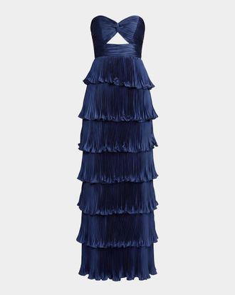 Mac Duggal Ieena Pleated Charmeuse Strapless Tiered Ruffle Gown