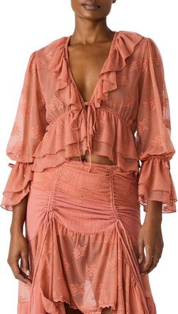 Steve Madden Montana Floral Embroidery Ruffle Detail Knit Top in Canyon Rose at Nordstrom, Size Large