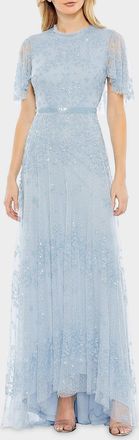Mac Duggal Flutter-Sleeve Sequin Tulle Gown