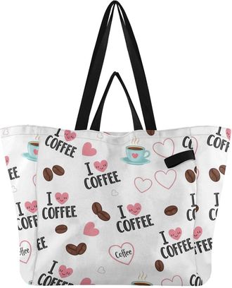 Generic Coffee Heart print Reusable Canvas Tote Bag, Heavy Duty Grocery Shopping Bag with Hard Bottom Large Capacity Double Handles Work Groceries Travel
