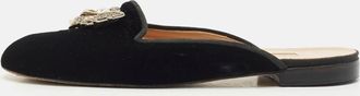 Oscar De La Renta Oscar De La Renta Black Velvet Crystals Embellished Flat Mules