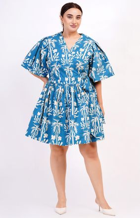 Leota Alena Mini Wrap Dress Palm Fields Mykonos Blue