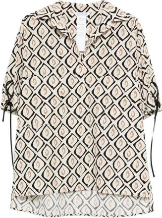 Max Mara Geometrisch Dessin Blouse met Strikdetail en Korte Mouwen - Dames - Blouses - Veelkleurig - M - Overhemden