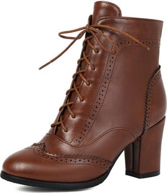 Generic Womens Vintage Lace-Up Ankle Boots with Chunky Heel - Retro Round Toe Booties with Brogue Detail,Dark Brown,6.5 UK