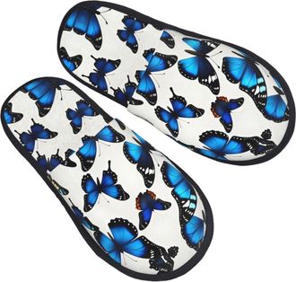 Generic Home Slippers Many Blue Butterfly Printing Furry Slippers Flat Comfy House Slipper For Party Travel Women M