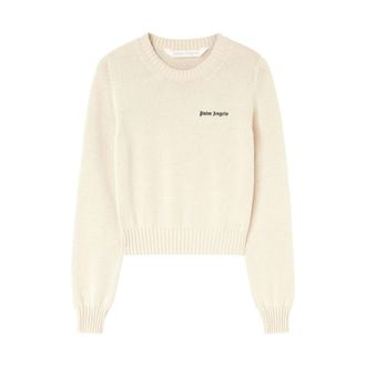 Palm Angels Round-neck Knitwear, female, Beige, Size: M Embroidered Logo Sweater