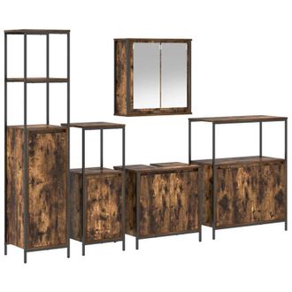 vidaXL Juego De Muebles De Ba&ntilde;o Con Puerta 5 Pcs Roble Ahumado Y Negro