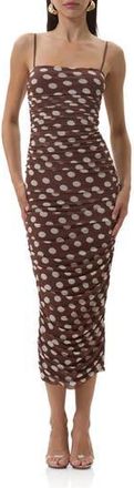 AFRM Hazel Ruched Mesh Midi Dress in Chocolate Halo Dot at Nordstrom Rack, Size Medium