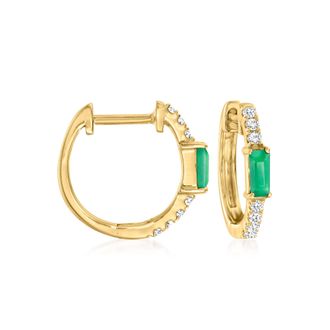 RS Pure by Ross-Simons Emerald and. Diamond Huggie Hoop Earrings in 14kt Yellow Gold