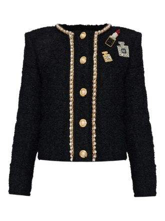 Balmain patch-detail tweed jacket - women - Cotton/Viscose - 40 - Black