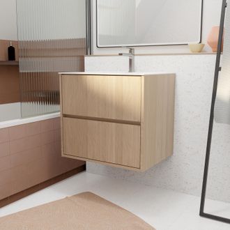 Aurlane Pack Mueble De Ba&ntilde;o 60 Cm Roble Claro 2 Cajones Con Lavabo De Cer&aacute;mica