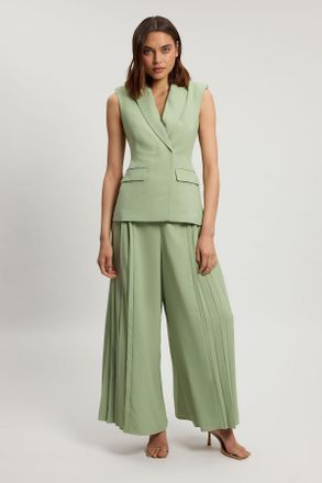 Karen Millen Womens Tailored Crepe Asymmetric Pleat Wide Leg Jumpsuit - Green - Size 10 UK