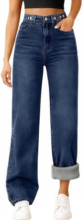 Generic Wide Leg Jeans for Women UK Fleece Lined Stretch Jeans for Women Winter Warm Denim Joggers High Waist Ladies Lounge Pants with Pockets Loose Comfort B