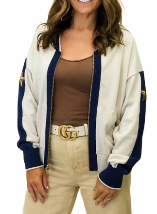 Label+Thread Addie Racer Sweater Jacket In Stone/navy