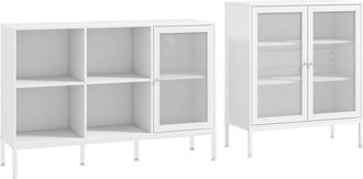 HOMCOM Homcom - Conjunto De 2 Aparadores De Cocina Mueble Aparador Con Puerta De Malla Y Estante Ajustable Bueffet Para Sal&oacute;n Comedor Blanco