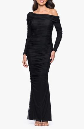 Betsy & Adam Ruched One-Shoulder Long Sleeve Mesh Gown in Black at Nordstrom Rack, Size 14