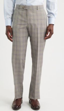 Berle Light Grey Plaid Flat Front Wool Dress Pants in Sand at Nordstrom, Size 40