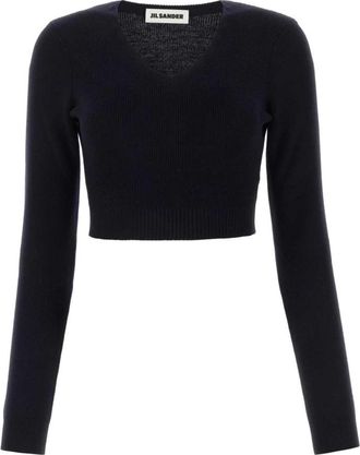 Jil Sander Cropped Wool Sweater - Dames - V-hals truien - Blauw - S - Wol - Truien & Vesten