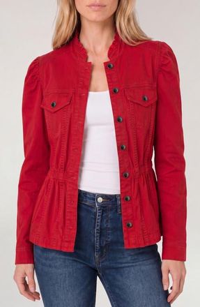 Liverpool L.A. Puff Sleeve Ruffle Trim Trucker Jacket in Sundance Red at Nordstrom, Size X-Small