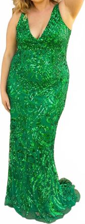 Primavera Lattice Sequined Sleeveless Evening Gown In Emerald