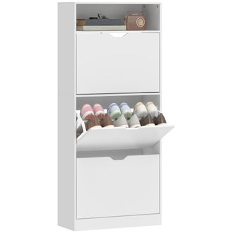 HOMCOM Homcom Zapatero Estrecho Con 3 Cajones Abatibles, Estantes Ajustables Y Compartimento Abierto, Para 12-18 Pares De Zapatos, Blanco