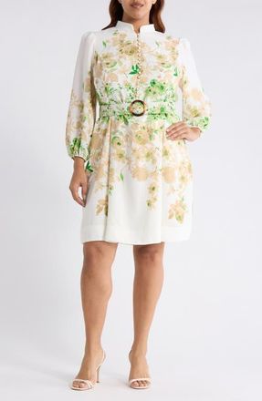 Tahari by ASL Placed Floral Long Sleeve Dress in Ivory Fern at Nordstrom, Size 22W