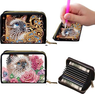 Generic 2Pcs Crdit card Holder Diamond Art Painting PU Wallet ID crd Case Zipper Animal Pattern Fashion DIY Diamond Painting Art Kit Compact Cin Purse Credit 